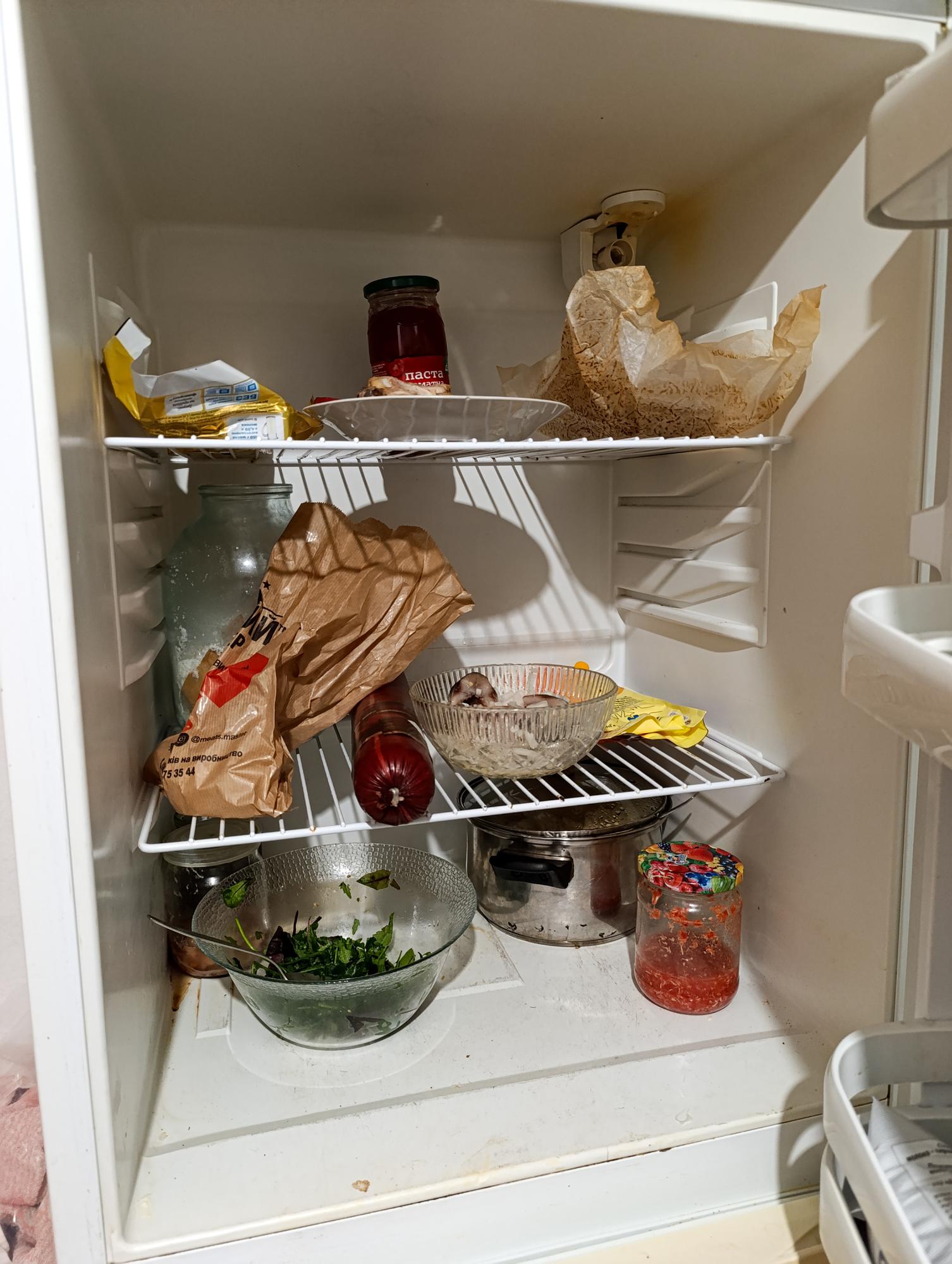 Cluttered fridge and open recipe book